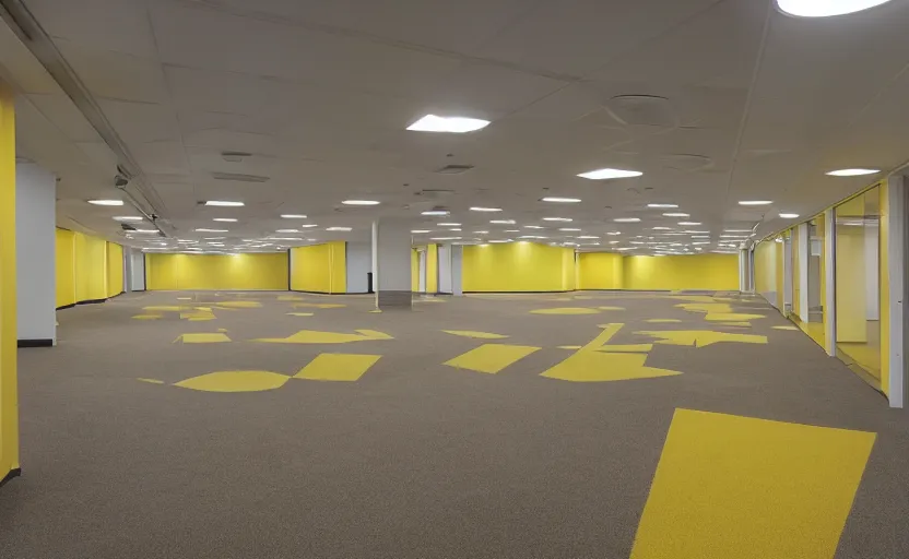 Image similar to 1 9 9 0 s empty rooms and a long corridor interior, office building, bright yellow wallpaper, vhs style, suspended ceiling, bright fluorescent light, light brown moist carpet