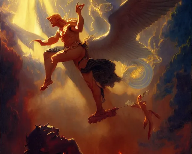 Image similar to attractive male deity, casting demonic magic, summoning handsome lucifer morning star. highly detailed painting by gaston bussiere, craig mullins, j. c. leyendecker 8 k