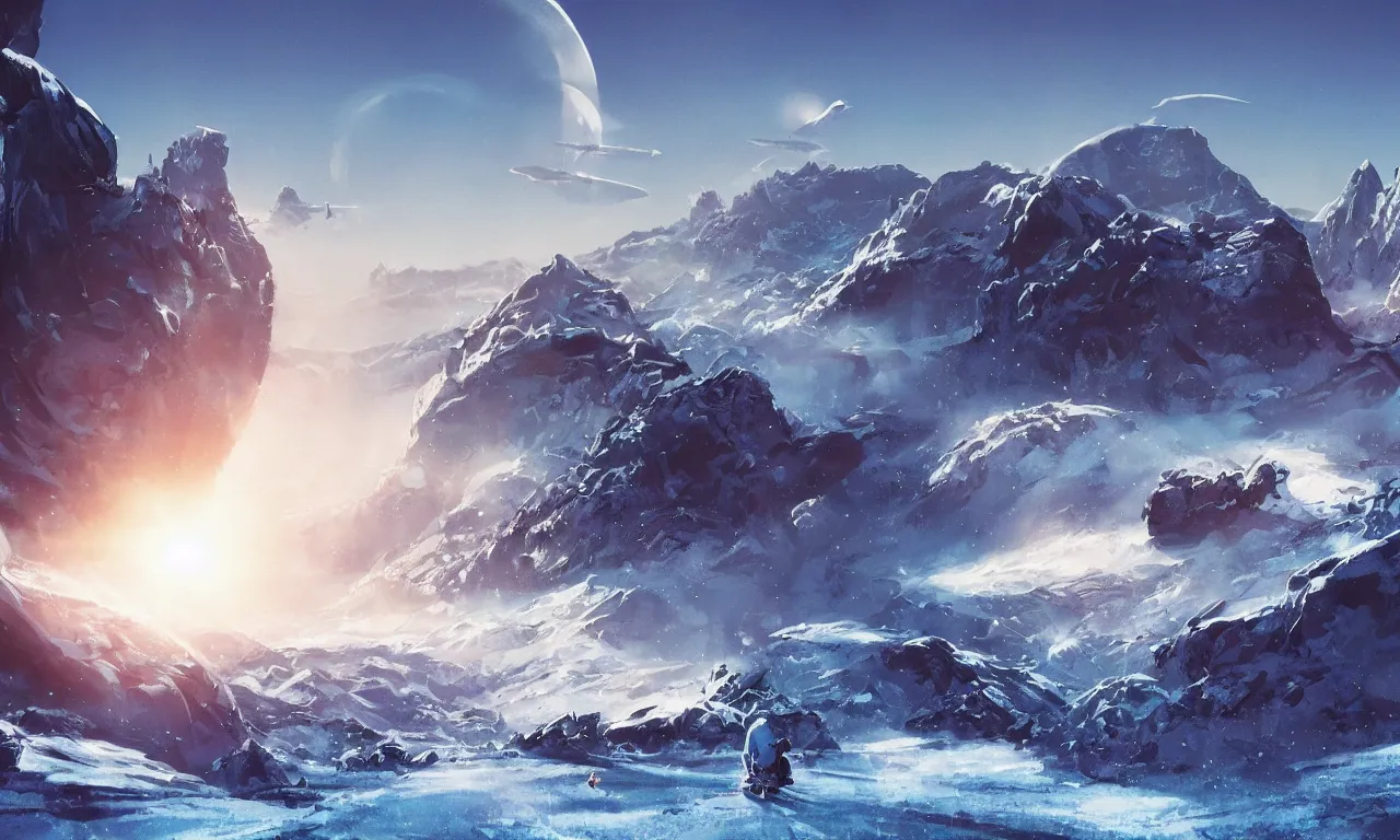 Image similar to frozen planet with mountains in clouds on the background, ravine in front, science-fiction, cinematic lighting, cinematic angle, Syd Mead, Federico Pelat, daylight, blue sky, spaceship in the sky