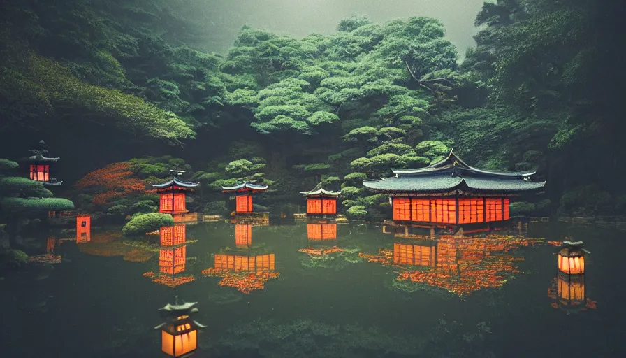 Prompt: 35mm film still of a very cozy and surreal magical Japanese temple mixed with a castle in a lush waterfall garden, cherry blossoms, epic large temple in the style of Gucci and Wes Anderson, photographed by Petra Collins, glowing lights and floating lanterns, foggy atmosphere, rainy, moody, muted colors, magic details, very detailed, 8k, cinematic look