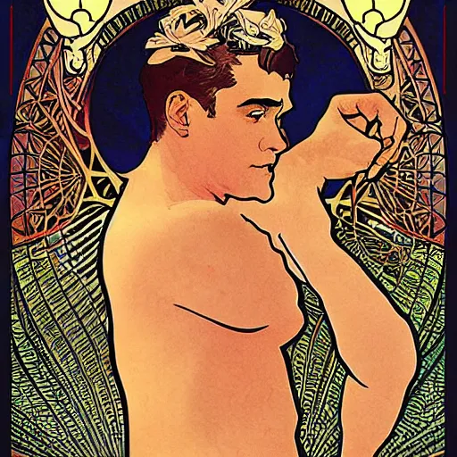 Image similar to robbie williams art by mucha.