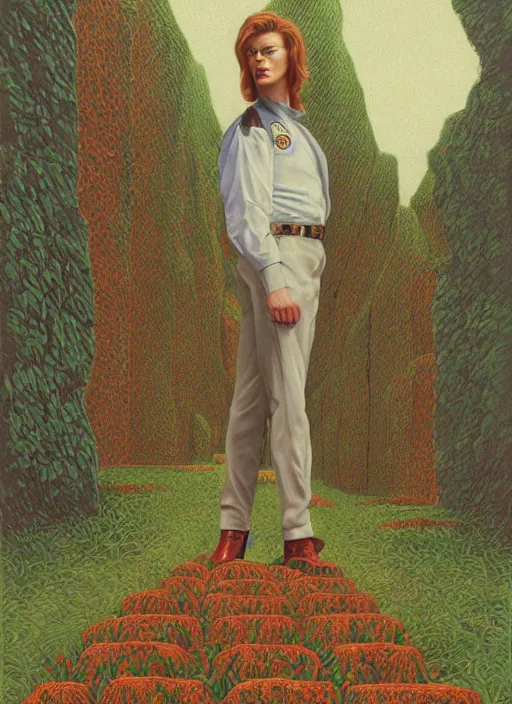 Prompt: twin peaks poster art, david bowie stands before the maze, old retro pulp, by michael whelan, rossetti bouguereau, artgerm, retro, nostalgic, old fashioned