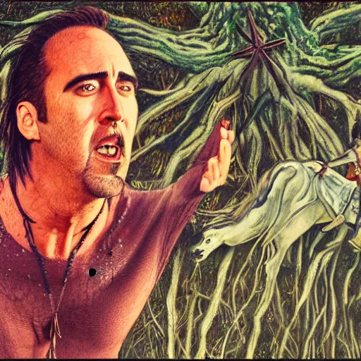 Prompt: a detailed gouche drawing of nicholas cage performing a voodoo magick ritual in the swamps of lousiana, award winning art, artstation, cinematic, magic realism