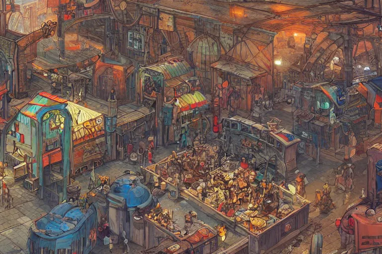Prompt: a colorful medieval marketplace, Industrial Scifi, detailed illustration, character design, intricate, by Martin Grip and Moebius