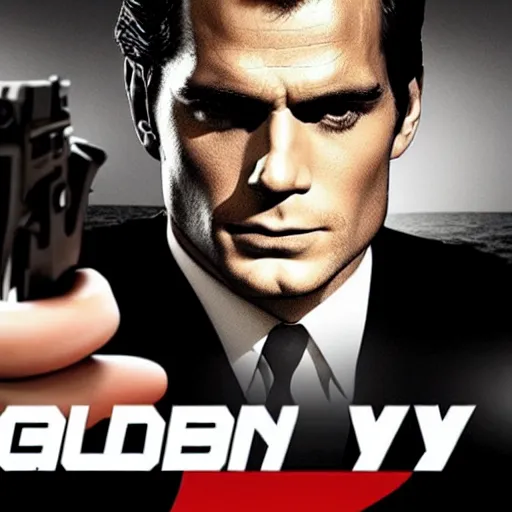 Prompt: henry cavill in goldeneye as james bond posing with pistol, promotional poster