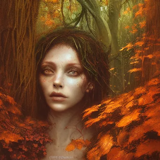 Prompt: portrait of a dryad, in a forest of fey autumn maples, her skin glistens with rainwater by greg rutkowski and brian froud dark mysterious, filtered evening light