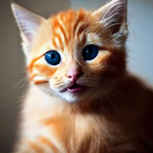 Prompt: surprised cute fluffy orange tabby kitten, big eyes