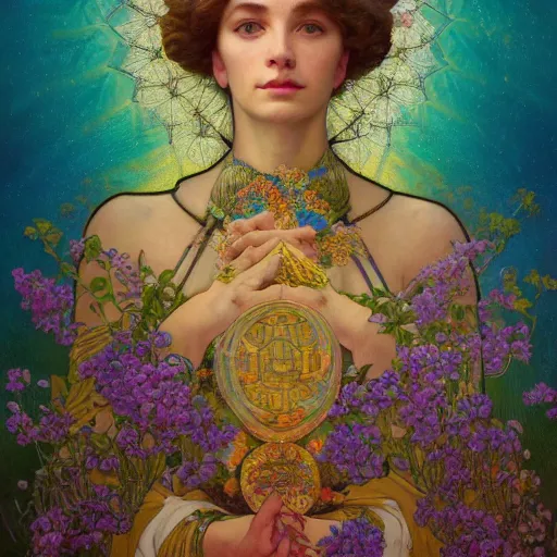 Image similar to a portrait oil painting of a singular beautiful female godess of spring with colorful flowers, holy geometry, tarot card style, by Mohrbacher and Moebius and Alphonse Mucha and Roger Deakins, cinematic lighting, masterpiece, golden ratio background, highly detailed, 8k resolution, trending on art station