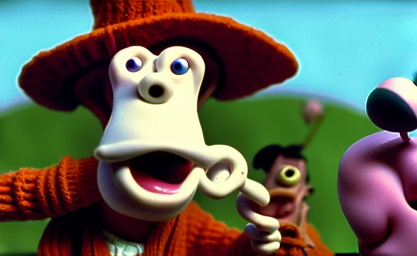 Prompt: Wallace smoking crack from a crack pipe in a still from the short movie A Grand Day Out (1989), crack cocaine, Wallace and Gromit, Aardman Animations, claymation, 4k, high quality