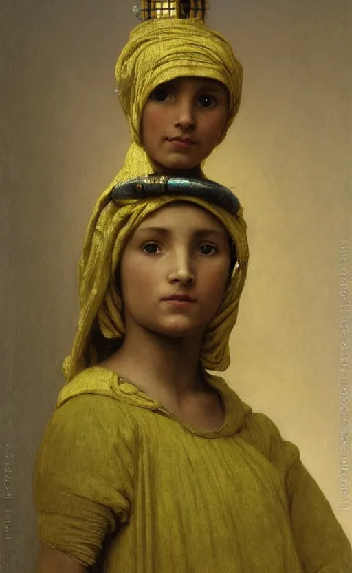 Image similar to portrait of berber girl with the head of a Dalek. Green and gold garment, hd, realistic, bouguereau