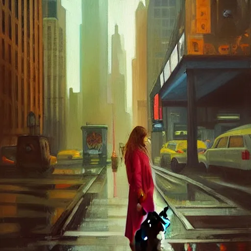 Image similar to “ a girl holding a cat in futuristic new york city, ghostpunk, heavy rain, high detail, oil painting, by edward hopper ”