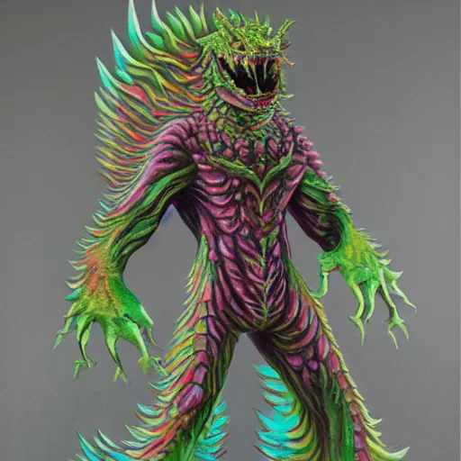 Image similar to a kaiju figurine super detailed oil painting with muted fluo colors