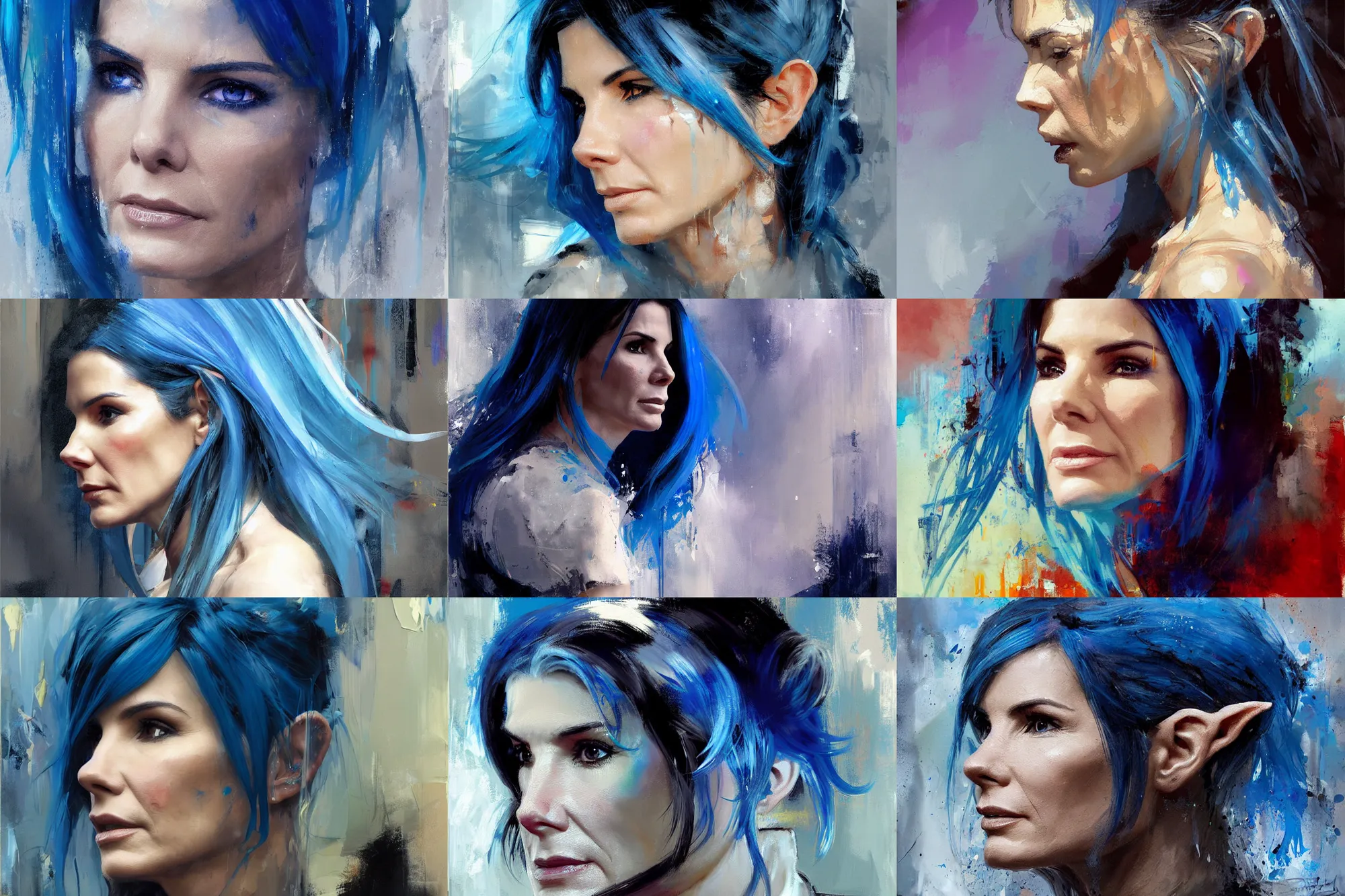 Prompt: profile of sandra bullock as an elf with blue hair painted by jeremy mann and artgerm, dripping oil paint, thick brushstrokes, abstracted painterly techniques, high resolution