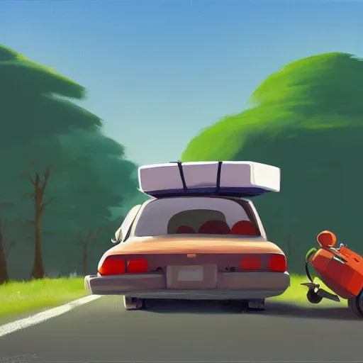 Image similar to goro fujita ilustration rear view of a car equipped with suitcases heading to the forest on a sunny day, painting by goro fujita, sharp focus, highly detailed, artstation