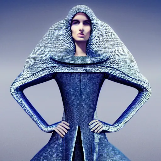 Image similar to a beautiful arabian woman wearing a futuristic dress by alexander mcqueen, thom browne, junya watanabe, dzhus, ara jo,, gareth pugh, julia krantz, andrej pejic, winde rienstra, hussein chalayan, artgerm, arabian beauty, blue eyes, smile, futuristic, organic dress, pattern, concept art, fantasy