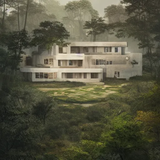 Image similar to beige rectangular house built around big central garden, on a hill surrounded by big trees, dramatic lighting, artstation, matte painting, raphael lacoste, simon stalenhag, frank lloyd wright, zaha hadid, drone view