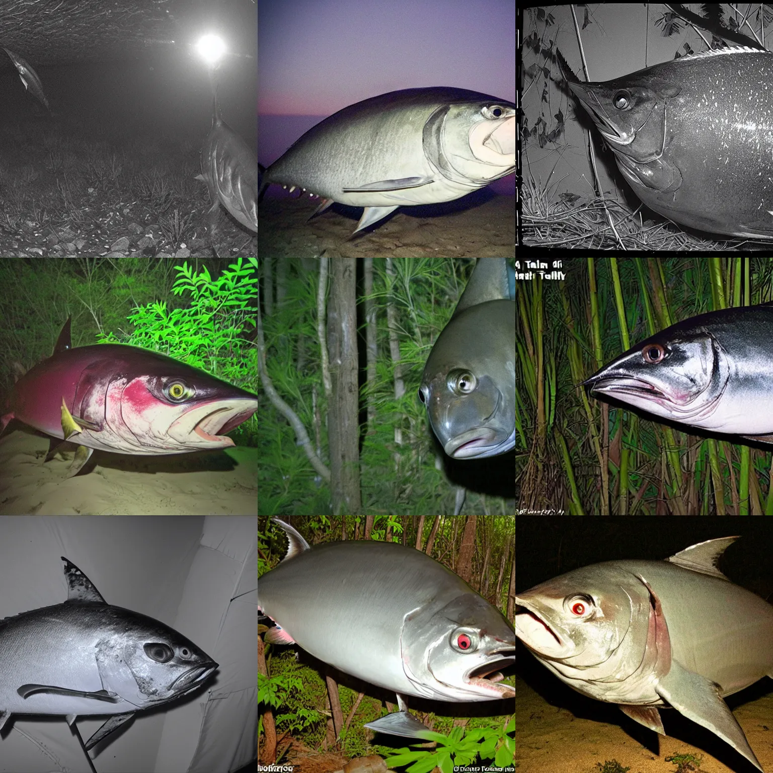 Prompt: tuna fish caught by a trail camera, night vision