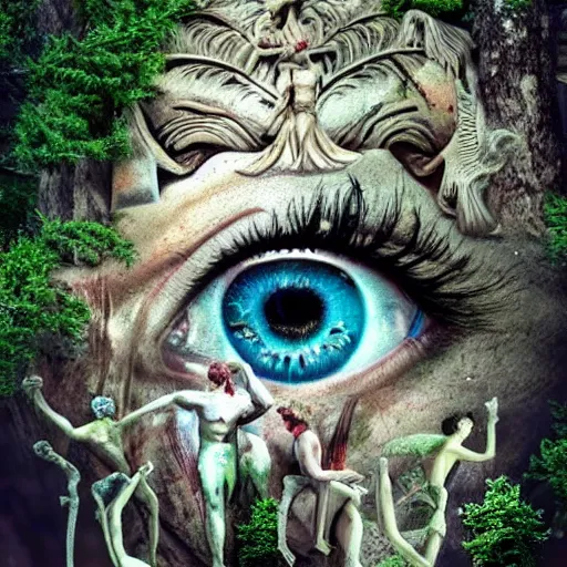 Image similar to greek gods in forest, three eyed, wide wide shot, dry, in water, colors, eye in forehead, pins, very detailed, wet eyes reflecting into eyes reflecting into infinity, beautiful lighting