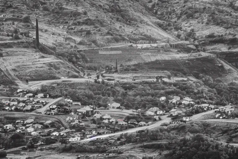 Image similar to looking down a road with warehouses on either side. hill background with radio tower on top. telephoto lens compression.