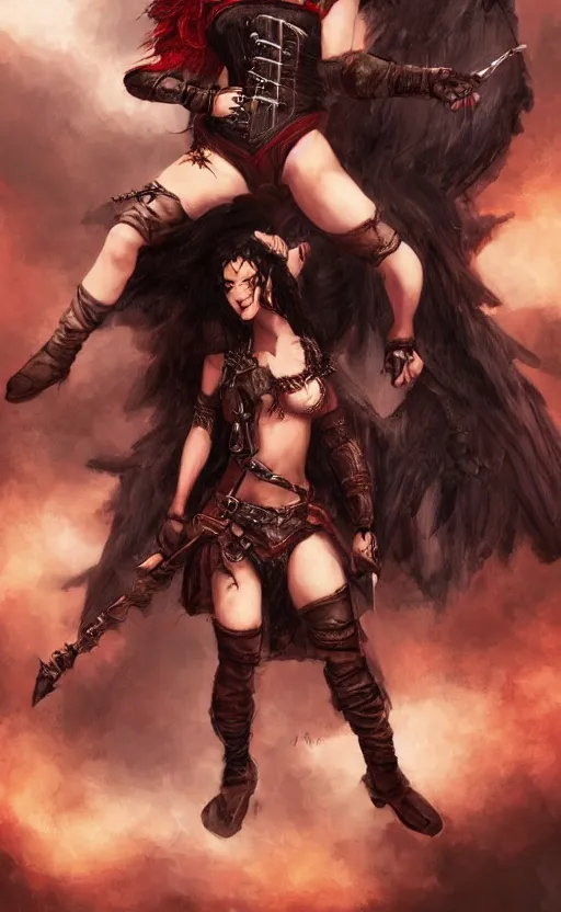 Prompt: epic fantasy d & d female halfling rogue riding on top of mr wobbles, black hair, red leather corset, cinematic, beautiful lighting, heroic