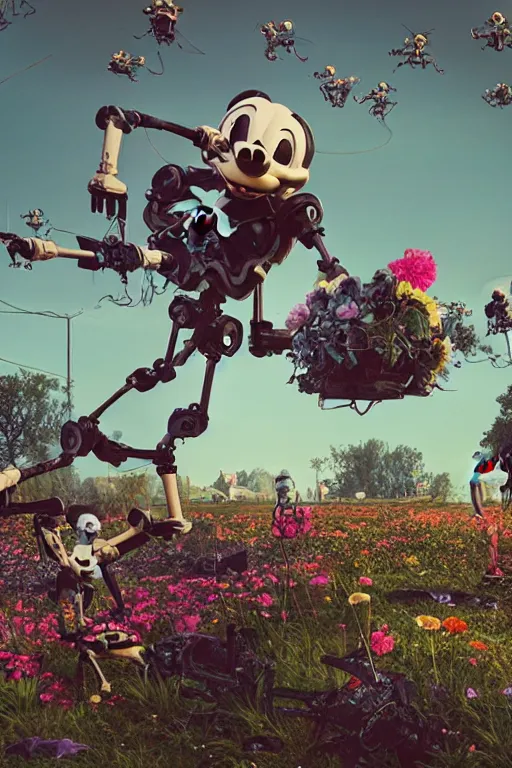 Prompt: a skeletal, mickey mouse made out of flowers and bones, walking with a robot, in the cyberpunk countryside, drones flying art by beeple, nychos and arcimboldo, cinematic lighting, highly detailed octane render