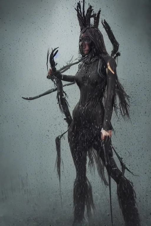 Prompt: a realistic detail of a beautiful dark elf huntress dress suit, raining, mist by Julian calle, wlop, Beksiński, Dylan cole, Erak note, Denis Villeneuve, Ben Nicholas, Anton Fadeev, thomas kinkadegreg, rutkowski, Finnian MacManus, Syd mead, goth Trending on artstation, blue and black and white scheme, 8k, Unreal Engine