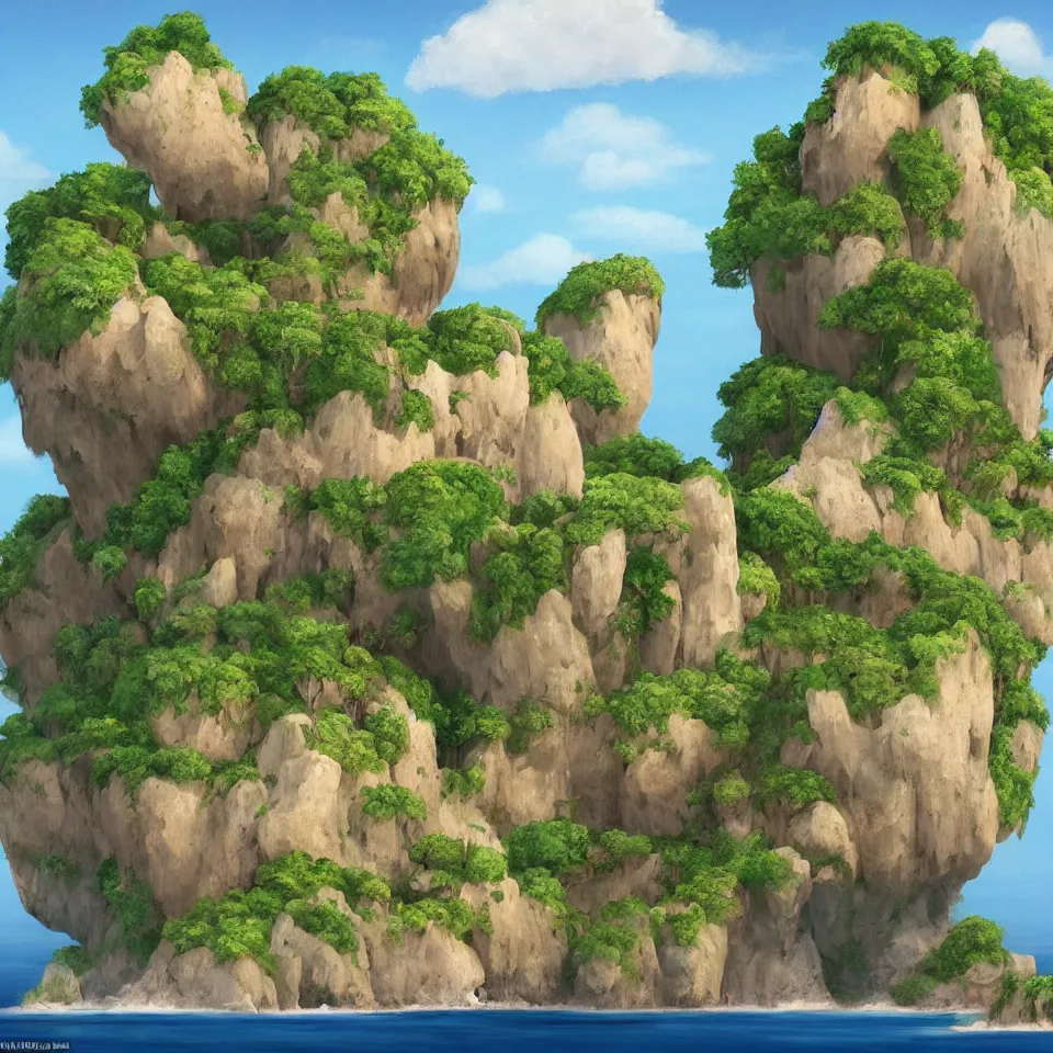 Image similar to an island floating in the air, the island is rocky and bare with some vegetation, waterfalls left from the island flowing into the sea, highly detailed, animated, lovely, dreamy, morandi colour scheme, strong light and shadow atmosphere, painted by ghibli