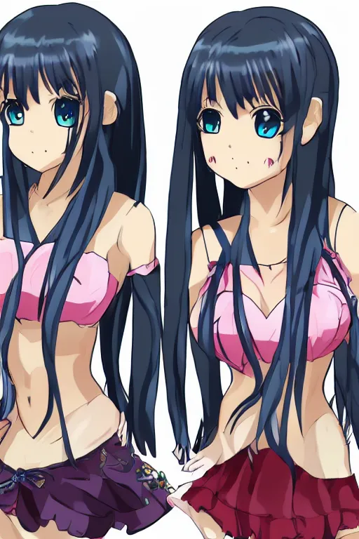 Image similar to two beautiful female idols with twin tails standing chest to chest, detailed anime art