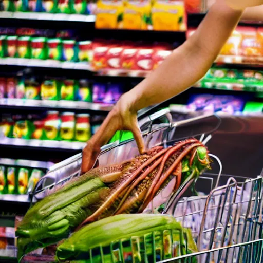 Image similar to mid shot of an alien buying groceries at the store shot by amanda carlson and alex strelkovv, professional photo, masterpiece, very detailed, hyper - realistic, cinematic, 4 k