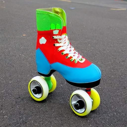 Image similar to “dog wearing brightly colored rolling skates”