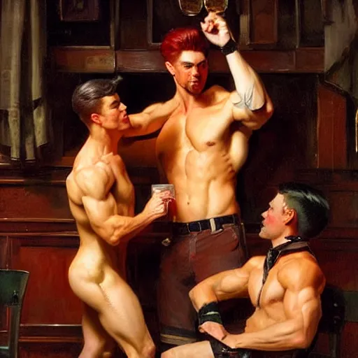 Image similar to attractive muscular male with red hair and muscular attractive male with black hair, drinking their hearts out, in a pub. very defined and highly detailed painting by j. c. leyendecker, gaston bussiere, craig mullins 8 k