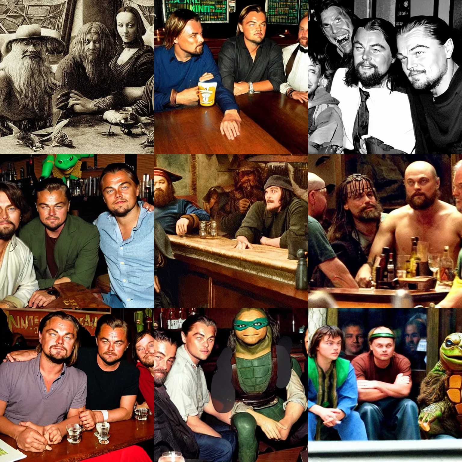 Prompt: Leonardo DiCaprio, Leonardo da Vinci and Leonardo the Ninja Turtle sitting together at a bar