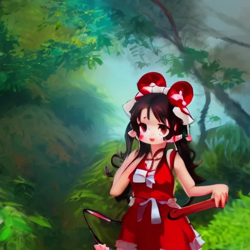 Prompt: a artstation of reimu in the jungle wearing bonnet