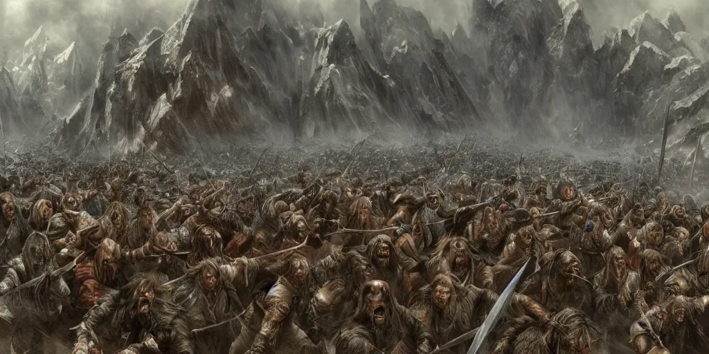 Prompt: A large group of Orcs from the Misty Mountains attacking the army of Aragorn, detailed matte painting, cinematic, Alan Lee, Artstation