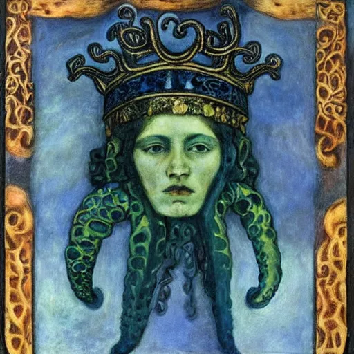 Image similar to the tentacle crown,by Annie Swynnerton and Diego Rivera, symbolist, dramatic lighting, elaborate geometric ornament, Art Brut, bioluminescent, soft blues and greens,smooth, sharp focus, extremely detailed, Adolf Wölfli