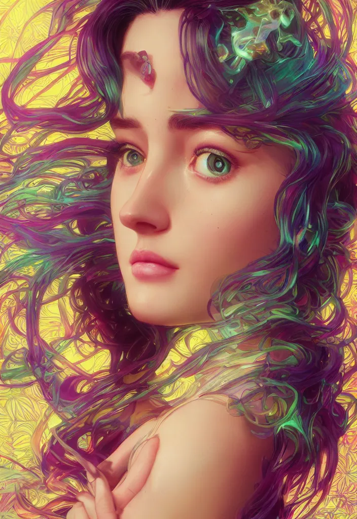 Image similar to beautiful, young woman, detailed gorgeous face, vaporwave aesthetic, synthwave, colorful, psychedelic, artstation, concept art, smooth, extremely sharp detail, finely tuned detail, ultra high definition, 8 k, unreal engine 5, ultra sharp focus, illustration, art by artgerm and greg rutkowski and alphonse mucha