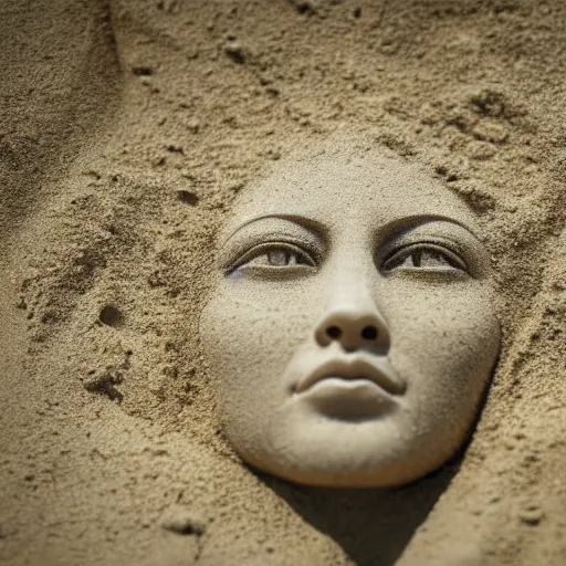 Prompt: the head of a marble cybernetic lady justice statue on ground covered in sand, cyberpunk background, highly detailed, epic lighting, hyper photorealism, 8 k