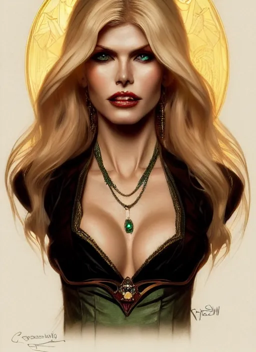 Image similar to portrait of model victoria silvstedt as a sultry vampire lady, jewelry, greek, emerald, intricate, headshot, highly detailed, digital painting, artstation, concept art, sharp focus, cinematic lighting, illustration, art by artgerm and greg rutkowski, alphonse mucha, cgsociety