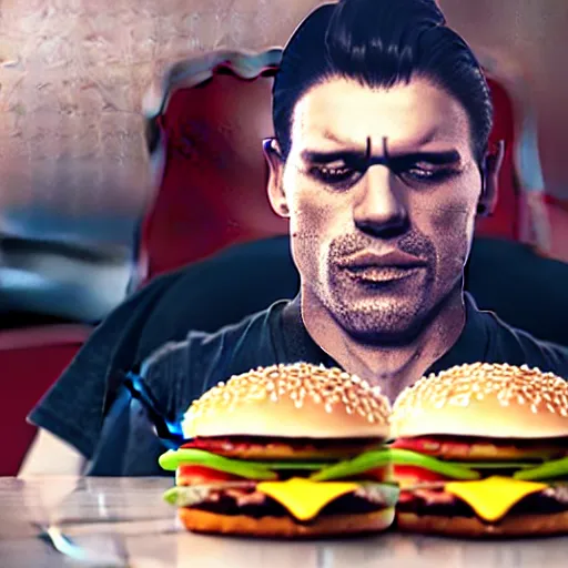 Image similar to photograph of a man with a inverted head begging for food at mc donalds, 8k resolution, high detail, ULTRA REALISTIC VFX, reflections