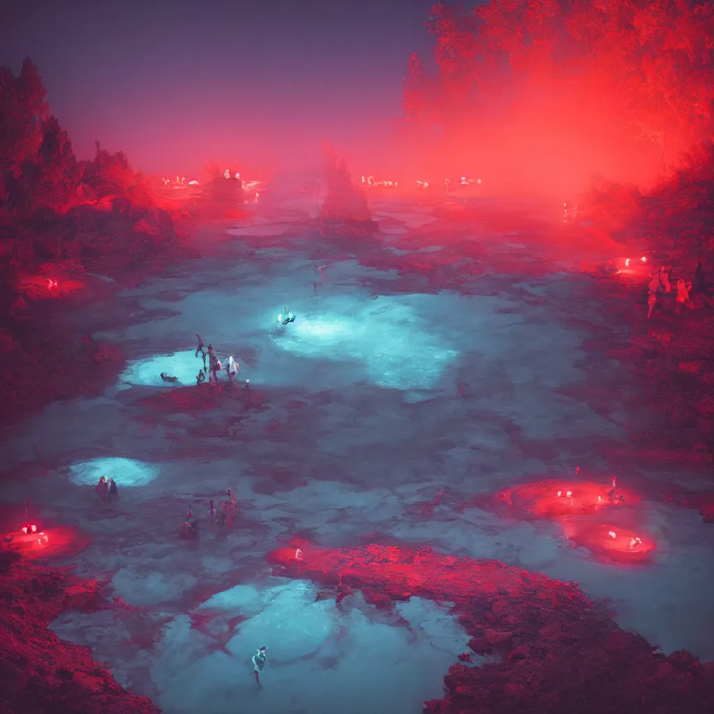 Prompt: rave in the red pond at night, light art, photo by reuben wu, jenni pasanen, epic composition, hd, octane, volumetric lighting, masterpiece,