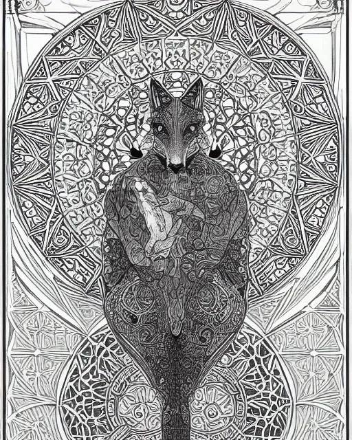 Image similar to fox carving art, cell shading, voronoi,fibonacci sequence, sacred geometry by Alphonse Mucha, Moebius, hiroshi yoshida, Art Nouveau, colorful, ultradetailed, black and white, 3d