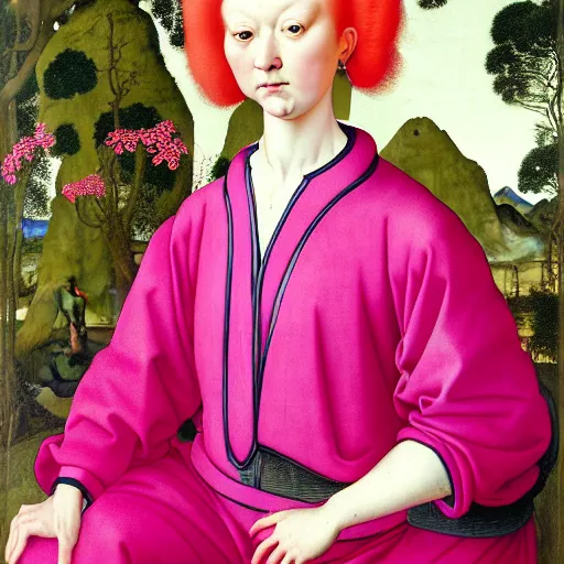 Prompt: full length portrait of a woman with red hair and big hair curlers, wearing a neon pink baggy pajamas, standing in a botanical garden, intricate details, highly detailed, in the style of rogier van der weyden and jacopo da pontormo, punk, masterpiece, asian art