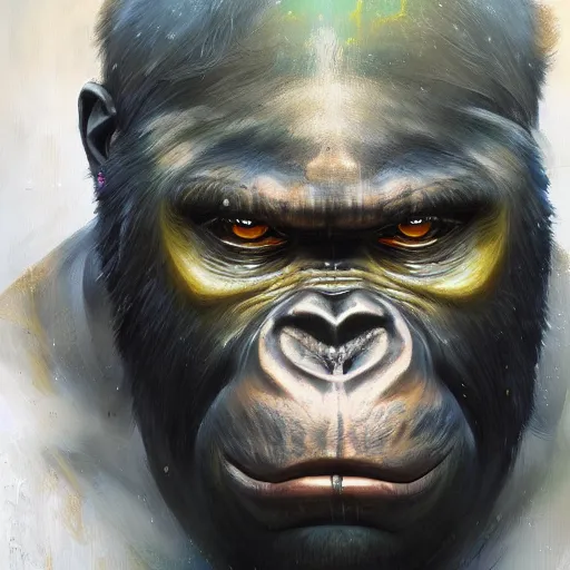 Prompt: a beatiful painting of portrait, An luminous gorilla, cyberpunk, by Mizuri AU and Soufiane Idrassi and BONDARTS and Tomasz Alen Kopera and Klaus Wittmann and Deathburger and Daniel Romanovsky and Aku, trending on artststion