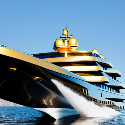 Image similar to wrinkled hunchbacked old man polishing the side of a gold plated mega yacht