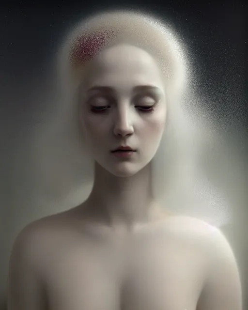 Image similar to dreamy, subsurface scattering, white, young beautiful goddess in cosmos with very long white hair floating in air, fluid smoke art, octane render, dino valls, mark ryden, joe fenton, michal karcz, highly detailed, rim light, art, cinematic lighting, very coherent, hyper realism, 8 k