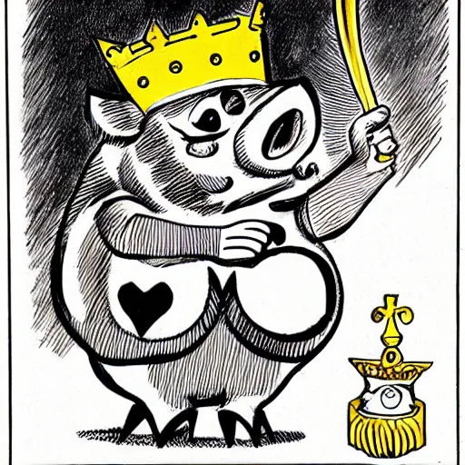 Image similar to al capp drawing of a pig wearing a gold crown