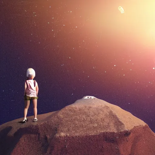 Prompt: a girl on a hill watching a meteorite fall from space, very realistic digital art 3d render