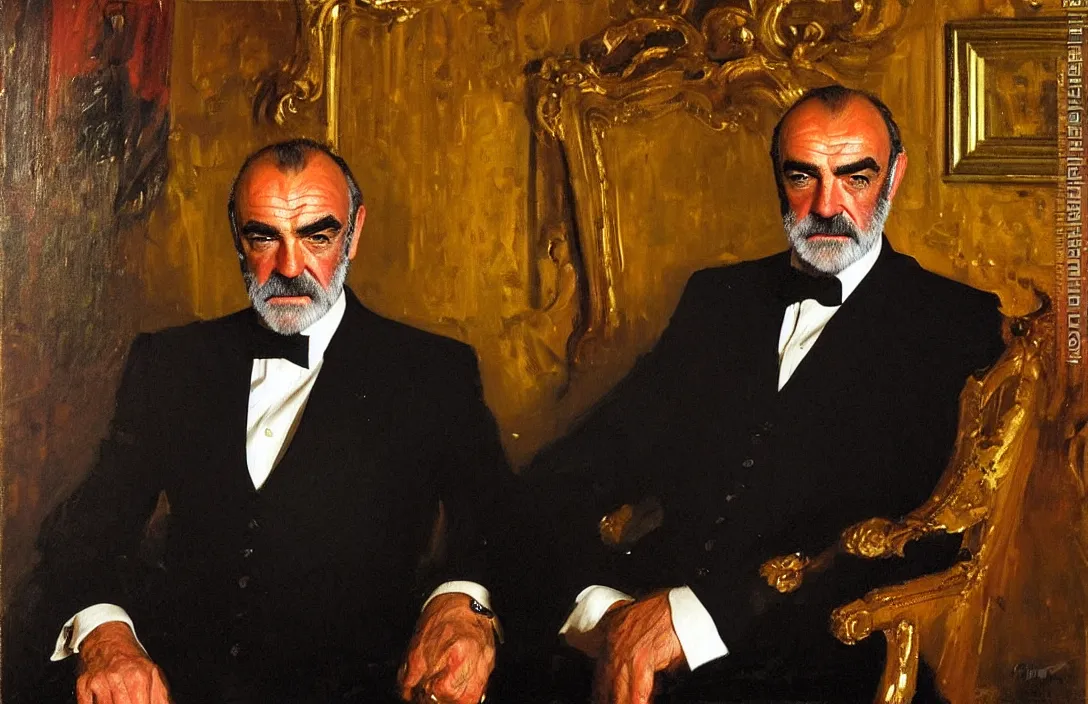 Image similar to portrait of sean connery!!!!!!!!!!!!!!!!!!!!!!!!!!!, detailed face, detailed painting, detailed no. 1 0 downing street, epic lighting, by ilya repin and phil hale