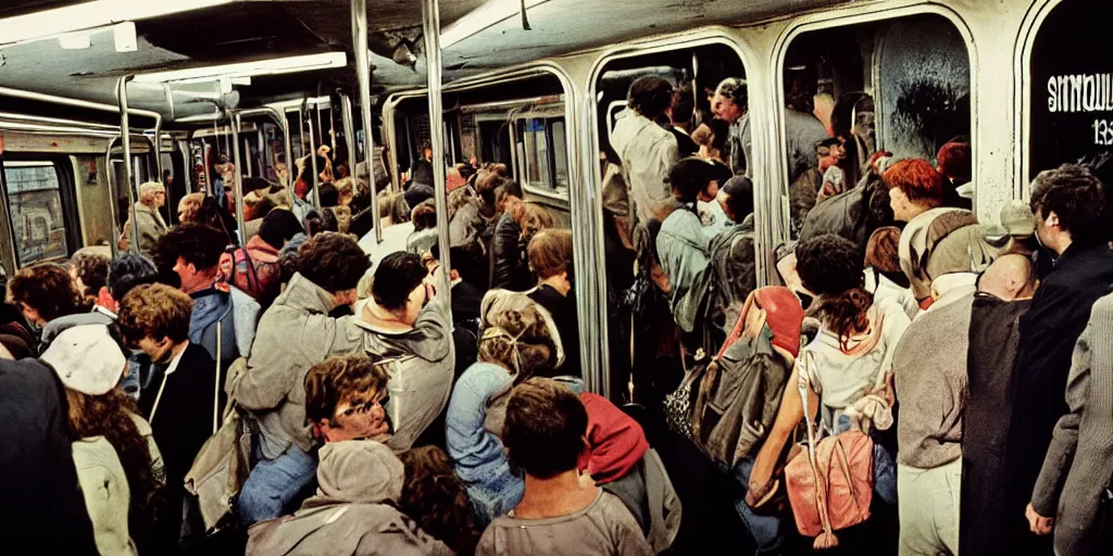Prompt: 1 9 7 0's new york subway, crowd doing graffiti on a train in the depot, coloured film photography, christopher morris photography, bruce davidson photography