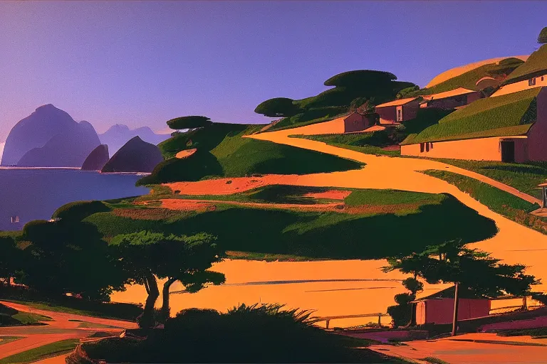 Image similar to a small village on top of a hill near the sea, painted by Syd Mead, Low key lighting, ultra detailed, 8k